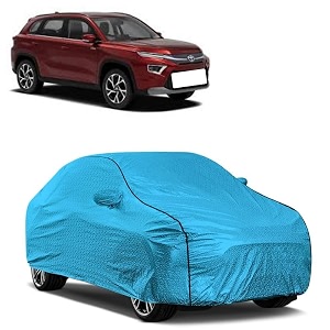 car bady cover waterproof compatible with toyota urban cruiser hyryder triple stitched fully elastic ultra mirror pocket  heavy buckle  mtl blue amp black piping blue amp black