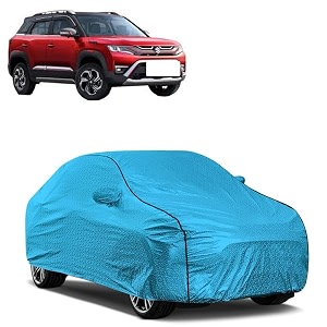 car bady cover waterproof compatible with maruti vitara brezza triple stitched fully elastic ultra mirror pocket  heavy buckle  mtl blue amp black piping blue amp black