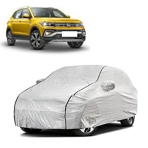 car bady cover waterproof compatible with volkswagen taigun triple stitched fully elastic ultra mirror pocket  heavy buckle  silver amp black piping silver amp black