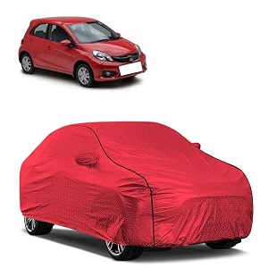car bady cover waterproof compatible with honda brio triple stitched fully elastic ultra mirror pocket  heavy buckle  mth red amp black piping red amp black