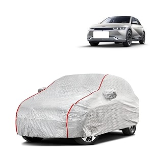 car bady cover waterproof compatible with hyundai ioniq 5 triple stitched fully elastic ultra mirror pocket  heavy buckle  silver amp red piping silver amp red