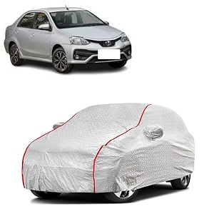 car bady cover waterproof compatible with toyota etios triple stitched fully elastic ultra mirror pocket  heavy buckle  silver amp red piping silver amp red