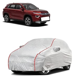 car bady cover waterproof compatible with toyota urban cruiser hyryder triple stitched fully elastic ultra mirror pocket  heavy buckle  silver amp red piping silver amp red