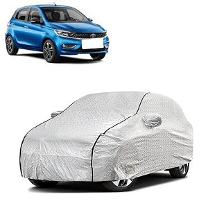 car bady cover waterproof compatible with tata tiago triple stitched fully elastic ultra mirror pocket  heavy buckle  silver amp black piping silver amp black