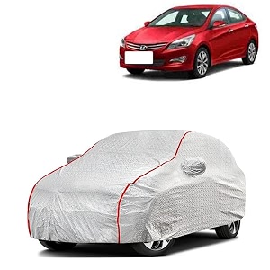 car bady cover waterproof compatible with hyundai verna 2023 triple stitched fully elastic ultra mirror pocket  heavy buckle  silver amp red piping silver amp red