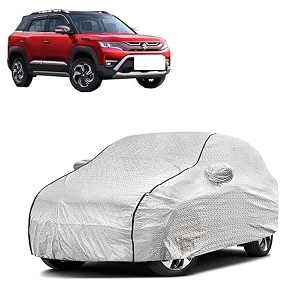 car bady cover waterproof compatible with maruti vitara brezza triple stitched fully elastic ultra mirror pocket  heavy buckle  silver amp black piping silver amp black