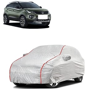car bady cover waterproof compatible with tata nexon triple stitched fully elastic ultra mirror pocket  heavy buckle  silver amp red piping silver amp red