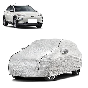 car bady cover waterproof compatible with hyundai kona electric triple stitched fully elastic ultra mirror pocket  heavy buckle  silver amp black piping silver amp black