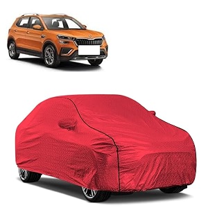 car bady cover waterproof compatible with skoda kushaq triple stitched fully elastic ultra mirror pocket  heavy buckle  mth red amp black piping red amp black