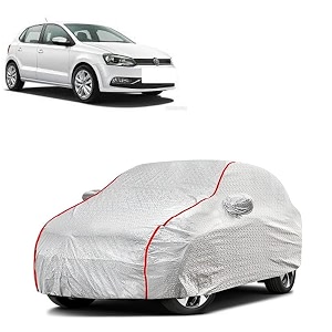 car bady cover waterproof compatible with volkswagen polo triple stitched fully elastic ultra mirror pocket  heavy buckle  silver amp red piping silver amp red