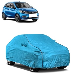 car bady cover waterproof compatible with tata tiago triple stitched fully elastic ultra mirror pocket  heavy buckle  mtl blue amp black piping blue amp black