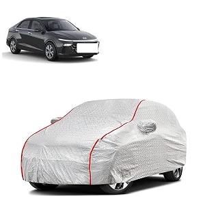 car bady cover waterproof compatible with hyundai verna transform triple stitched fully elastic ultra mirror pocket  heavy buckle  silver amp red piping silver amp red