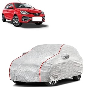 car bady cover waterproof compatible with toyota etios liva triple stitched fully elastic ultra mirror pocket  heavy buckle  silver amp red piping silver amp red