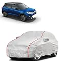 Car Bady Cover Waterproof Compatible with Maruti Brezza |Triple Stitched |Fully Elastic Ultra |Mirror Pocket | Heavy Buckle | Silver &amp; Red Piping (Silver &amp; Red)