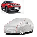 Car Bady Cover Waterproof Compatible with Maruti Brezza 2023 |Triple Stitched |Fully Elastic Ultra |Mirror Pocket | Heavy Buckle | Silver &amp; Red Piping (Silver &amp; Red)