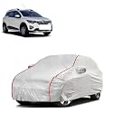 Car Bady Cover Waterproof Compatible with Renault Triber |Triple Stitched |Fully Elastic Ultra |Mirror Pocket | Heavy Buckle | Silver &amp; Red Piping (Silver &amp; Red)