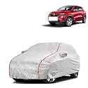 Car Bady Cover Waterproof Compatible with Renault Kwid |Triple Stitched |Fully Elastic Ultra |Mirror Pocket | Heavy Buckle | Silver &amp; Red Piping (Silver &amp; Red)