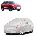 Car Bady Cover Waterproof Compatible with Maruti Vitara Brezza |Triple Stitched |Fully Elastic Ultra |Mirror Pocket | Heavy Buckle | Silver &amp; Red Piping (Silver &amp; Red)