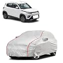 Car Bady Cover Waterproof Compatible with Mahindra KUV100 NXT |Triple Stitched |Fully Elastic Ultra |Mirror Pocket | Heavy Buckle | Silver &amp; Red Piping (Silver &amp; Red)