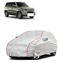 Car Bady Cover Waterproof Compatible with Mahindra KUV100 |Triple Stitched |Fully Elastic Ultra |Mirror Pocket | Heavy Buckle | Silver & Red Piping (Silver & Red)