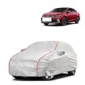 Car Bady Cover Waterproof Compatible with Volkswagen Virtus |Triple Stitched |Fully Elastic Ultra |Mirror Pocket | Heavy Buckle | Silver &amp; Red Piping (Silver &amp; Red)