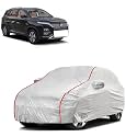 Car Bady Cover Waterproof Compatible with MG Hector Plus |Triple Stitched |Fully Elastic Ultra |Mirror Pocket | Heavy Buckle | Silver &amp; Red Piping (Silver &amp; Red)