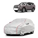 Car Bady Cover Waterproof Compatible with MG Gloster |Triple Stitched |Fully Elastic Ultra |Mirror Pocket | Heavy Buckle | Silver &amp; Red Piping (Silver &amp; Red)