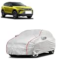 Car Bady Cover Waterproof Compatible with Tata Harrier |Triple Stitched |Fully Elastic Ultra |Mirror Pocket | Heavy Buckle | Silver &amp; Red Piping (Silver &amp; Red)