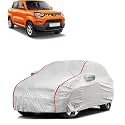 Car Bady Cover Waterproof Compatible with Maruti S-Presso |Triple Stitched |Fully Elastic Ultra |Mirror Pocket | Heavy Buckle | Silver &amp; Red Piping (Silver &amp; Red)