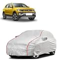 Car Bady Cover Waterproof Compatible with Volkswagen Taigun |Triple Stitched |Fully Elastic Ultra |Mirror Pocket | Heavy Buckle | Silver &amp; Red Piping (Silver &amp; Red)