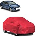 Car Bady Cover Waterproof Compatible with Volkswagen Ameo |Triple Stitched |Fully Elastic Ultra |Mirror Pocket | Heavy Buckle | MTH Red &amp; Black Piping (Red &amp; Black)