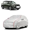 Car Bady Cover Waterproof Compatible with Kia Sonet |Triple Stitched |Fully Elastic Ultra |Mirror Pocket | Heavy Buckle | Silver &amp; Red Piping (Silver &amp; Red)