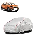 Car Bady Cover Waterproof Compatible with Skoda Kushaq |Triple Stitched |Fully Elastic Ultra |Mirror Pocket | Heavy Buckle | Silver &amp; Red Piping (Silver &amp; Red)