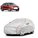 Car Bady Cover Waterproof Compatible with Volkswagen Vento |Triple Stitched |Fully Elastic Ultra |Mirror Pocket | Heavy Buckle | Silver &amp; Red Piping (Silver &amp; Red)