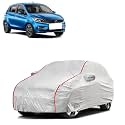 Car Bady Cover Waterproof Compatible with Tata Tiago |Triple Stitched |Fully Elastic Ultra |Mirror Pocket | Heavy Buckle | Silver &amp; Red Piping (Silver &amp; Red)
