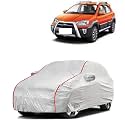 Car Bady Cover Waterproof Compatible with Toyota Etios Cross |Triple Stitched |Fully Elastic Ultra |Mirror Pocket | Heavy Buckle | Silver &amp; Red Piping (Silver &amp; Red)