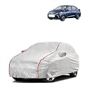 Car Bady Cover Waterproof Compatible with Hyundai Aura |Triple Stitched |Fully Elastic Ultra |Mirror Pocket | Heavy Buckle | Silver & Red Piping (Silver & Red)