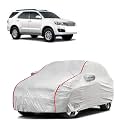 Car Bady Cover Waterproof Compatible with Toyota Old Fortuner |Triple Stitched |Fully Elastic Ultra |Mirror Pocket | Heavy Buckle | Silver &amp; Red Piping (Silver &amp; Red)