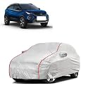Car Bady Cover Waterproof Compatible with Tata Nexon 2023 |Triple Stitched |Fully Elastic Ultra |Mirror Pocket | Heavy Buckle | Silver &amp; Red Piping (Silver &amp; Red)
