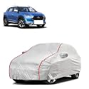 Car Bady Cover Waterproof Compatible with Nissan Magnite |Triple Stitched |Fully Elastic Ultra |Mirror Pocket | Heavy Buckle | Silver &amp; Red Piping (Silver &amp; Red)
