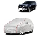 Car Bady Cover Waterproof Compatible with Toyota New Fortuner |Triple Stitched |Fully Elastic Ultra |Mirror Pocket | Heavy Buckle | Silver &amp; Red Piping (Silver &amp; Red)