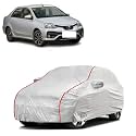 Car Bady Cover Waterproof Compatible with Toyota Etios |Triple Stitched |Fully Elastic Ultra |Mirror Pocket | Heavy Buckle | Silver &amp; Red Piping (Silver &amp; Red)