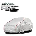 Car Bady Cover Waterproof Compatible with Volkswagen Polo |Triple Stitched |Fully Elastic Ultra |Mirror Pocket | Heavy Buckle | Silver &amp; Red Piping (Silver &amp; Red)