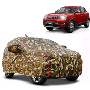 waterproof car body cover compatible with mahindra xuv 300 with mirror pocket and soft cotton lining inside fully bottom elastic army green with red piping