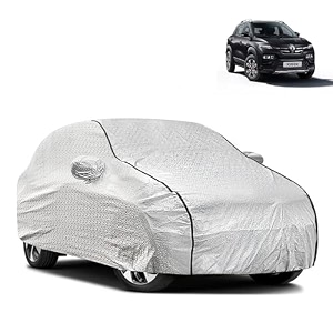 waterproof car body cover compatible with renault kiger with mirror pocket and soft cotton lining inside fully bottom elastic silver with black piping