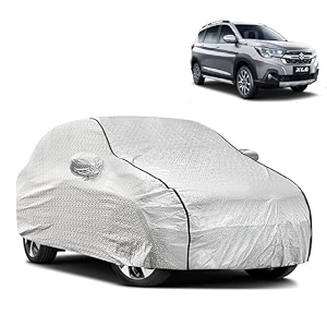 waterproof car body cover compatible with maruti xl6 with mirror pocket and soft cotton lining inside fully bottom elastic silver with black piping
