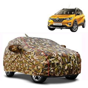 waterproof car body cover compatible with renault triber with mirror pocket and soft cotton lining inside fully bottom elastic army green with red piping