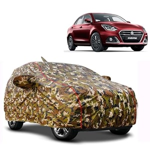waterproof car body cover compatible with maruti dzire 2017-23 with mirror and antena pocket pocket and soft cotton lining inside fully bottom elastic army green with red piping