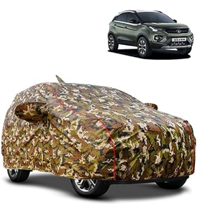 waterproof car body cover compatible with tata nexon with mirror pocket and soft cotton lining inside fully bottom elastic army green with red piping