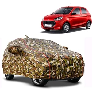 waterproof car body cover compatible with maruti alto k10 with mirror pocket and soft cotton lining inside fully bottom elastic army green with red piping